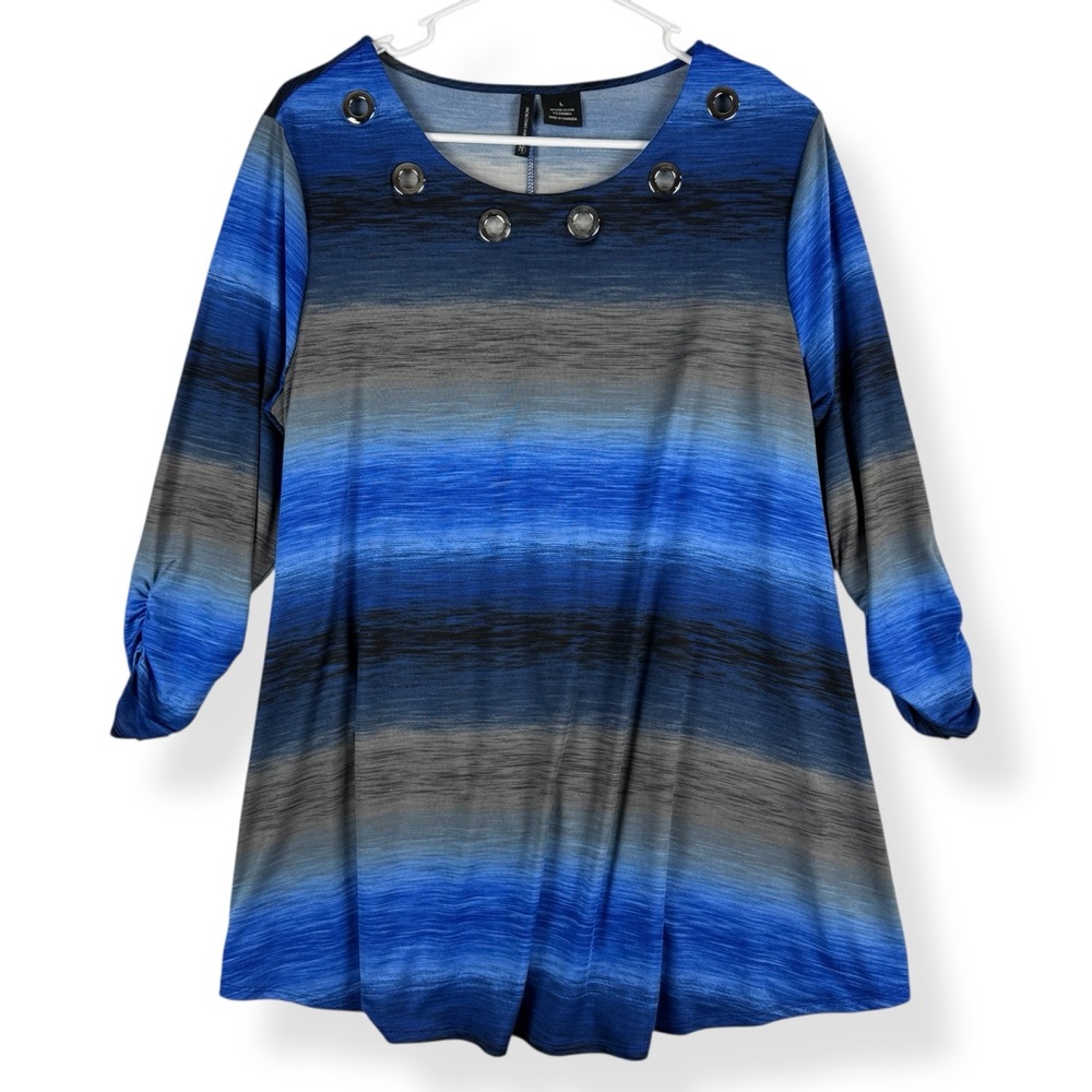 New Directions Tunic Top Womens L Large Blue Gray 3/4 Ruched Sleeve Grommet